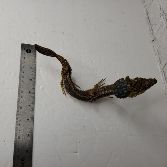 Vintage Asian Gemstone Inlaid Brass Filigree Dragon Sculpture, Himalayan Folk... - Picture 12 of 12